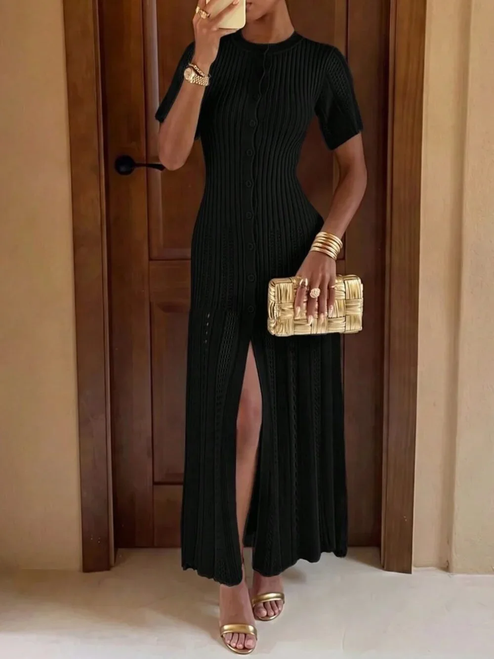Black Elegant Women's Button Knit Short Sleeve Fishtail Skirt